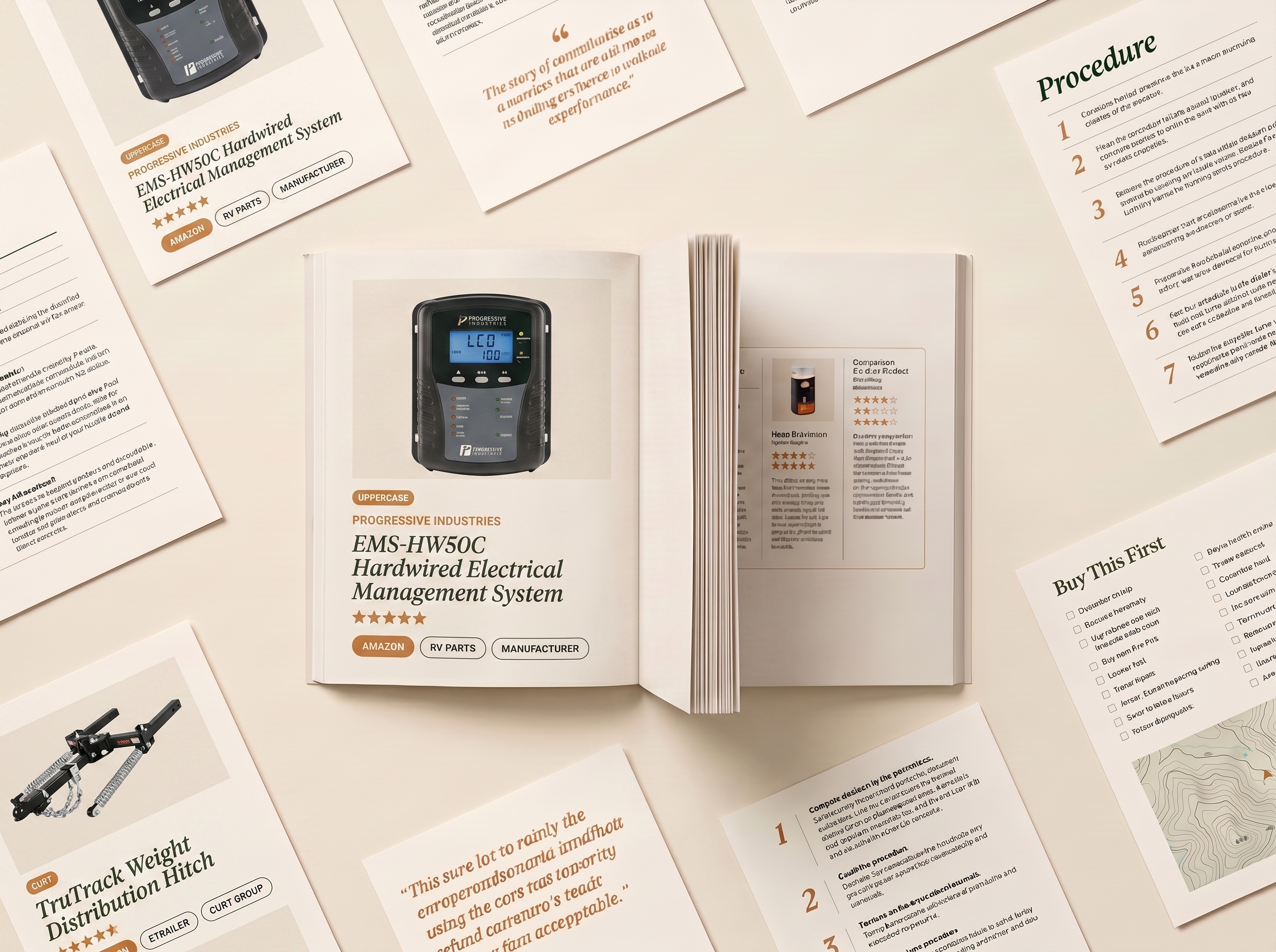 A preview of the Road Voyage RV Safety report — multiple pages fanned out showing safety guides, product comparisons, and specifications